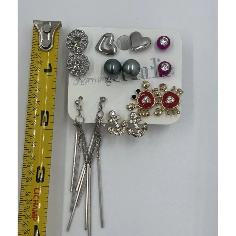 Set Of 9 Charming Charlie Mixed Metal Stud & Dangle Earrings With Crab Anchor & - Picture 7 of 7